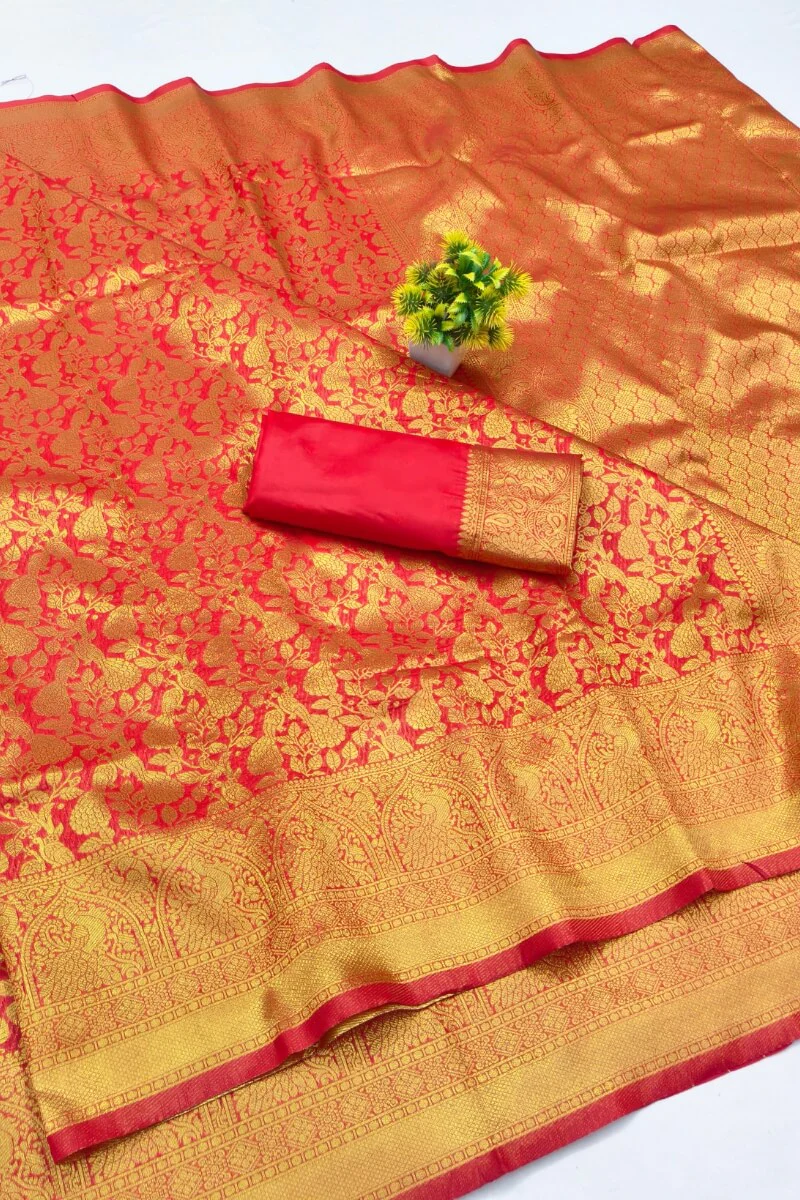 Panoply Red Pure Zari Weaving Banarasi Silk Saree With Embrocation Blouse Piece - Image 4