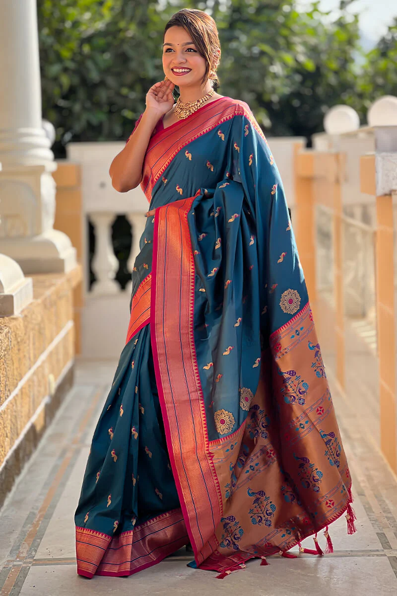 Panoply Teal Blue Paithani Silk Saree With Sumptuous Blouse Piece - Image 3