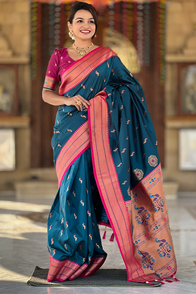 Panoply Teal Blue Paithani Silk Saree With Sumptuous Blouse Piece - Image 4