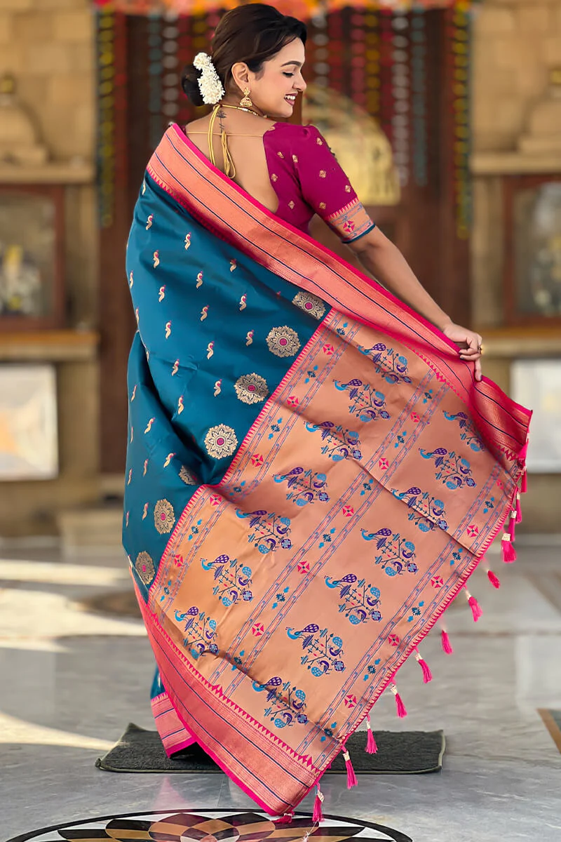 Panoply Teal Blue Paithani Silk Saree With Sumptuous Blouse Piece - Image 5