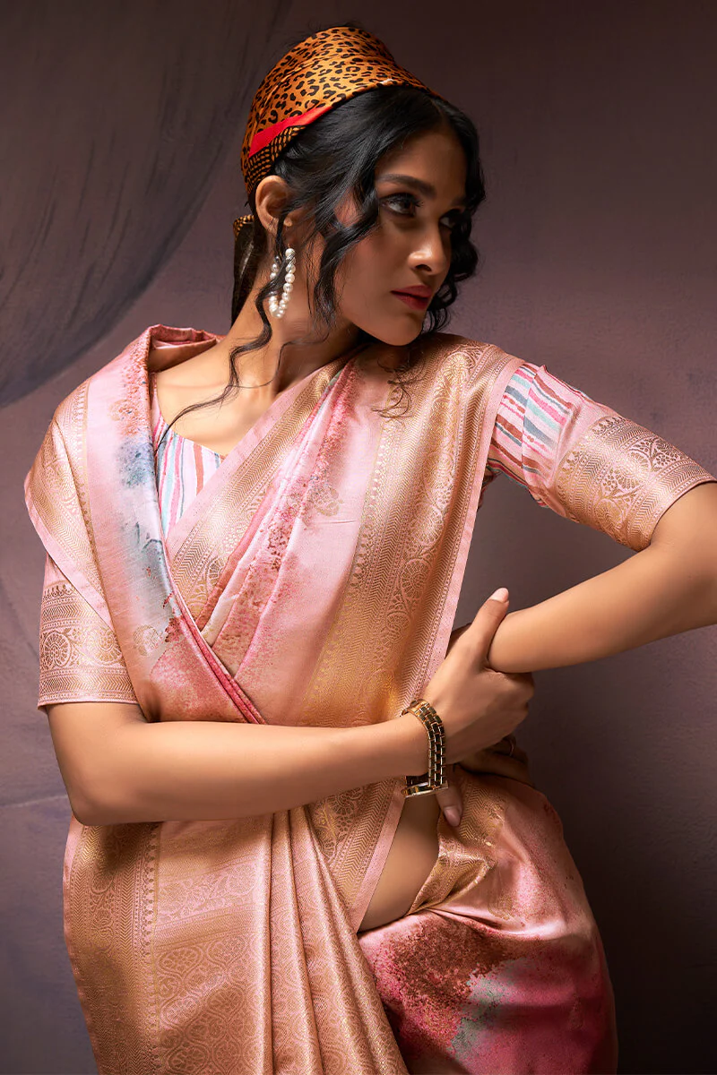 Petrichor Baby Pink Digital Printed Soft Silk Saree With Serendipity Blouse Piece - Image 2