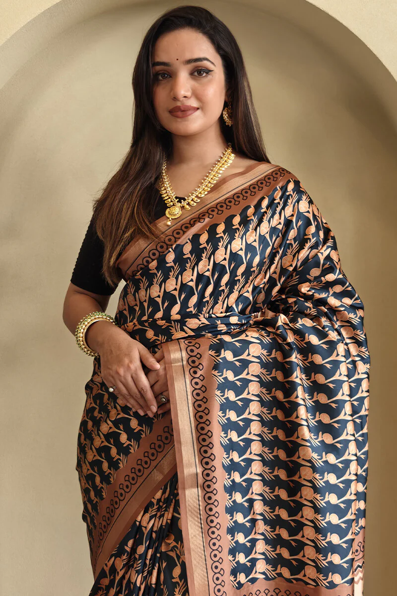 Petrichor Black Digital Printed Dola Silk Saree With Eclat Blouse Piece - Image 2