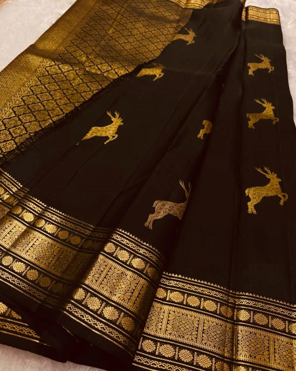 Petrichor Black Soft Banarasi Silk Saree With Delectable Blouse Piece - Image 2
