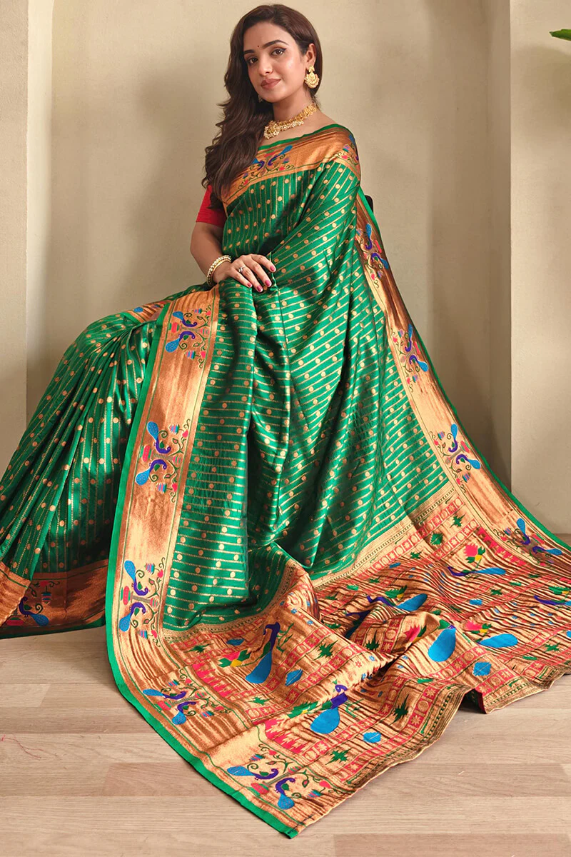 Petrichor Dark Green Paithani Silk Saree With Artistic Blouse Piece - Image 2
