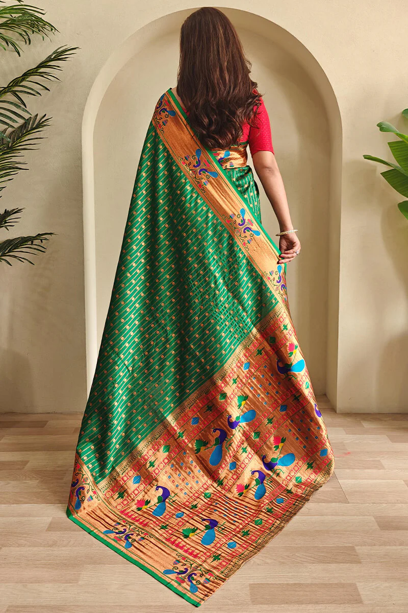 Petrichor Dark Green Paithani Silk Saree With Artistic Blouse Piece - Image 3