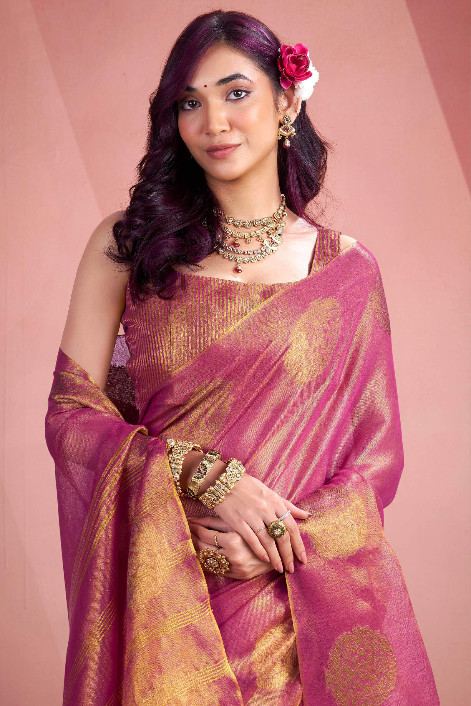 Petrichor Dark Pink Soft Banarasi Tissue Silk Saree With Devastating Blouse Piece - Image 2