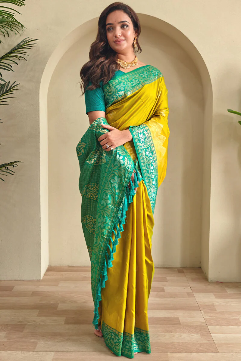 Petrichor Mustard Soft Banarasi Silk Saree With Woebegone Blouse Piece - Image 2