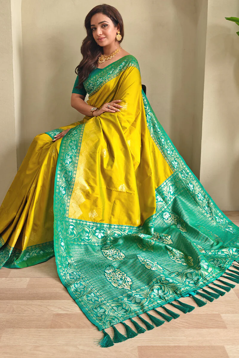 Petrichor Mustard Soft Banarasi Silk Saree With Woebegone Blouse Piece - Image 4