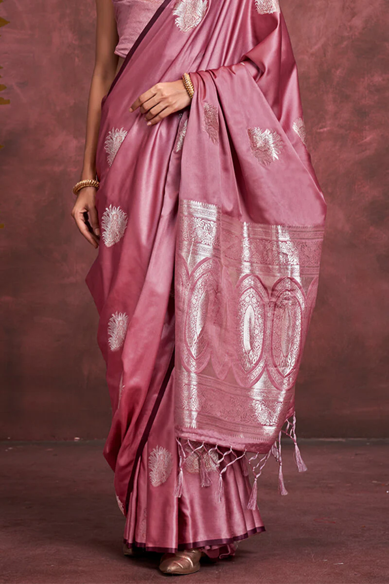 Petrichor Pink Banarasi Satin Silk Saree With Outstanding Blouse - Image 3