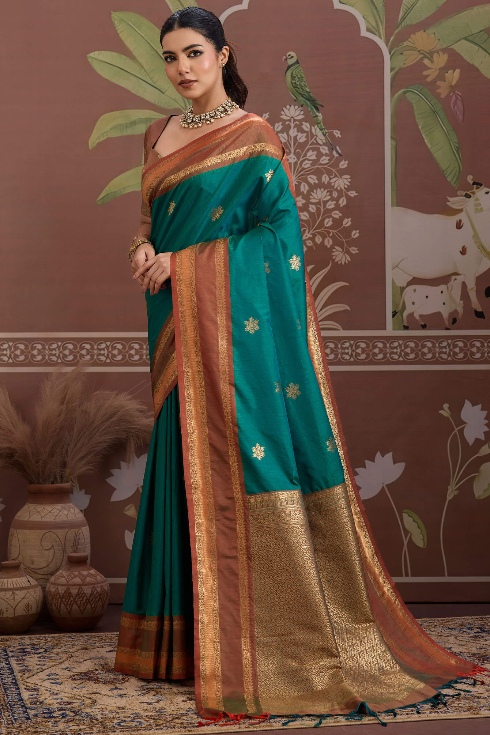 Petrichor Rama Banarasi Tussar Silk Saree With Verdant Blouse Piece - Image 3
