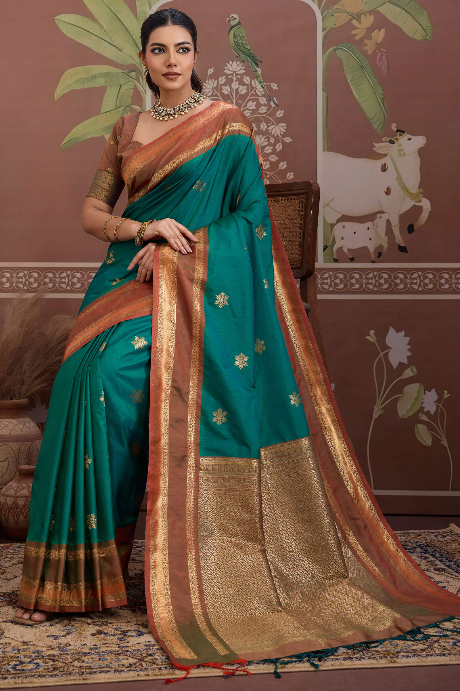 Petrichor Rama Banarasi Tussar Silk Saree With Verdant Blouse Piece - Image 5
