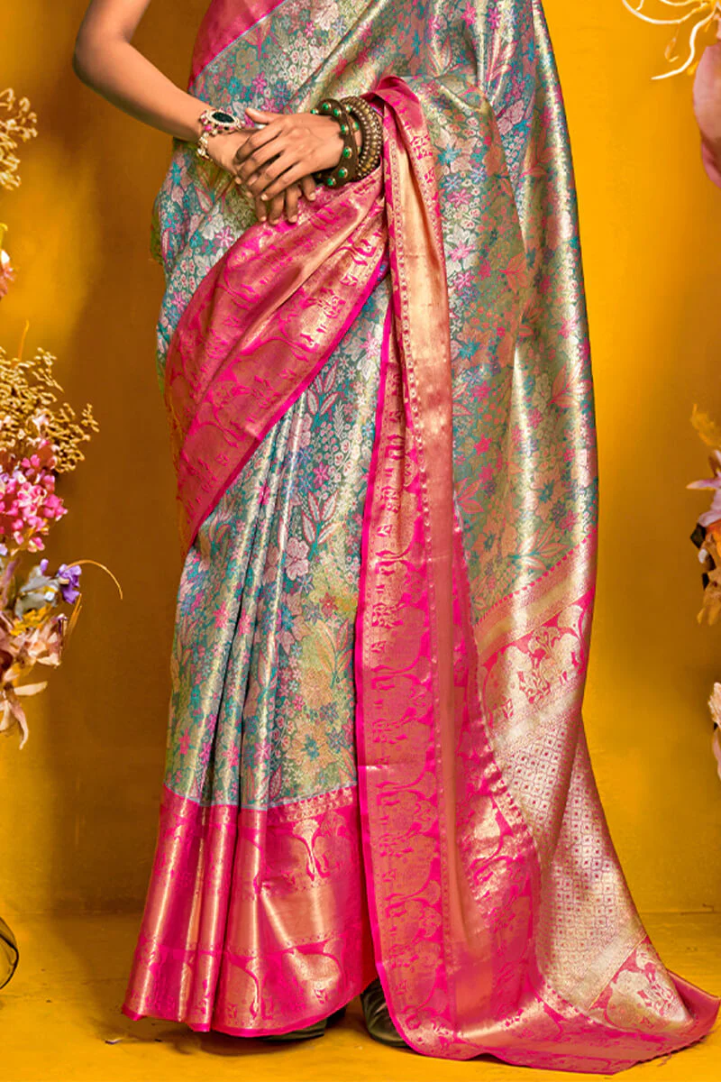 Petrichor Rama Kanjivaram Silk Saree With Engaging Blouse Piece - Image 3