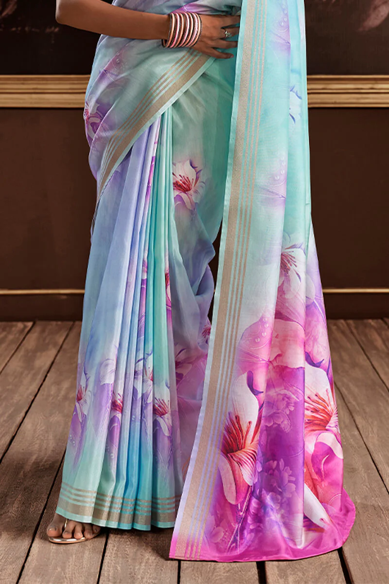 Petrichor Sky Digital Printed Soft Silk Saree With Snazzy Blouse Piece - Image 3