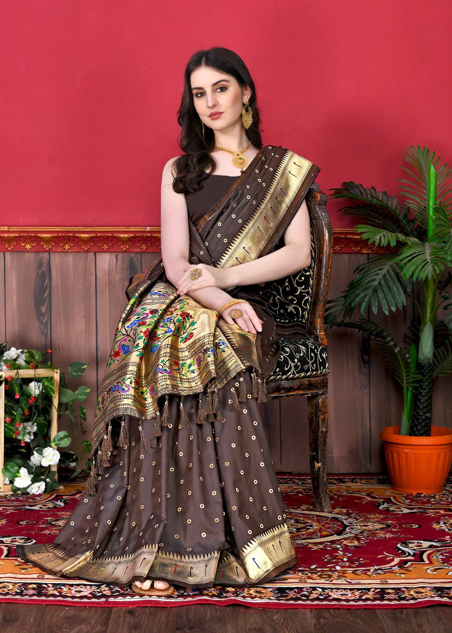 Phenomenal Brown Paithani Silk Saree With Ethnic Blouse Piece - Image 3