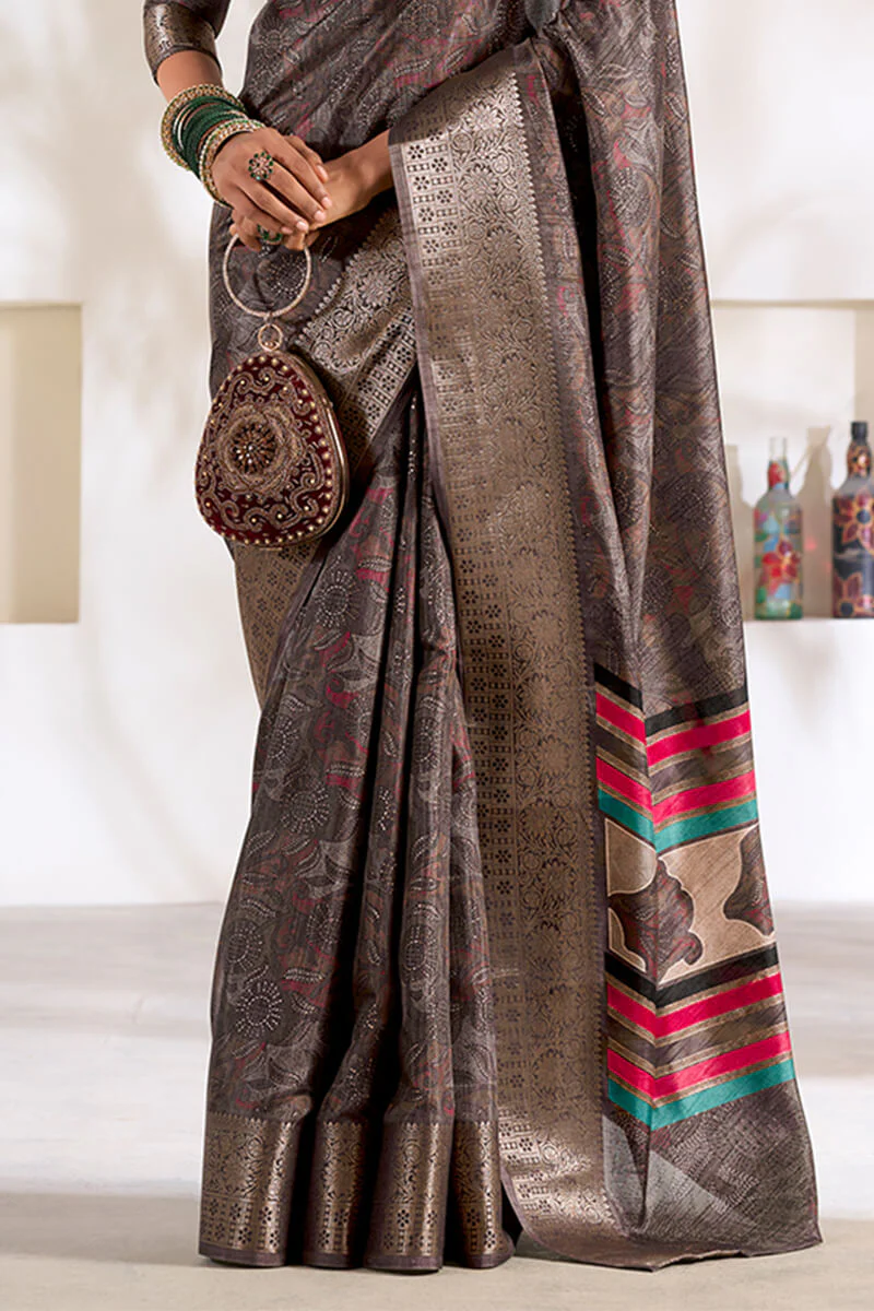 Phenomenal Grey Digital Printed Dola Silk Saree With Elegant Blouse Piece - Image 3