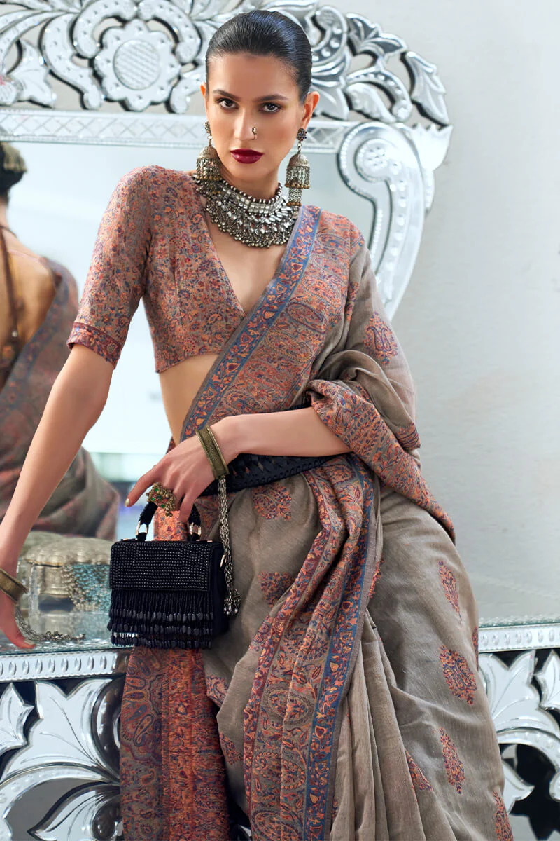 Phenomenal Grey Pashmina saree With Desiring Blouse Piece - Image 2