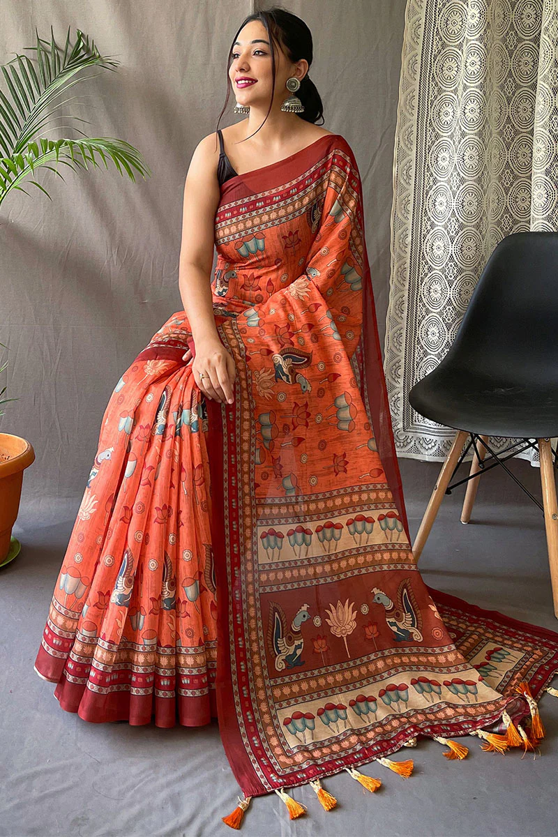 Phenomenal Orange Kalamkari Printed Saree With Adorable Blouse Piece - Image 3