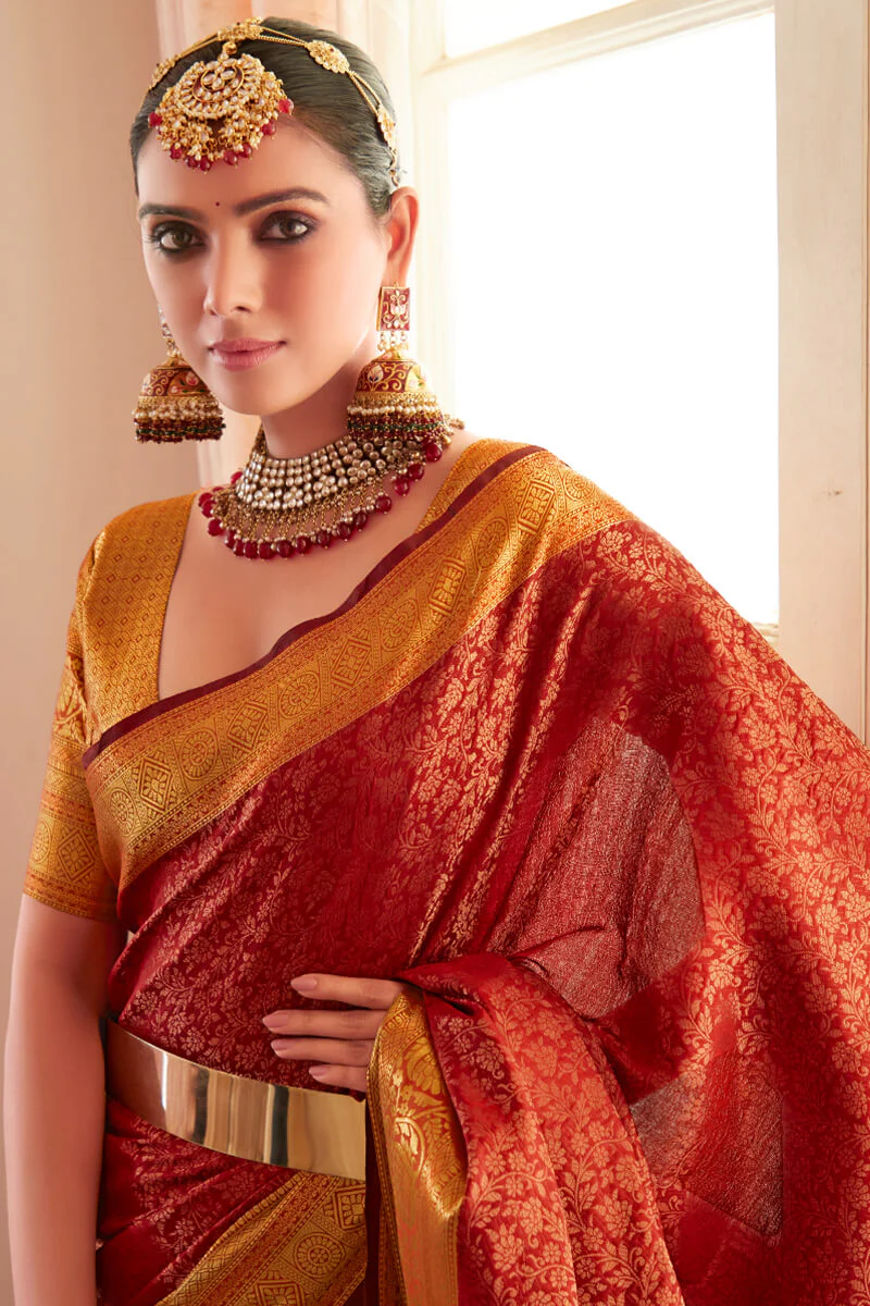 Phenomenal Red Kanjivaram Silk Saree With Appealing Blouse Piece - Image 2