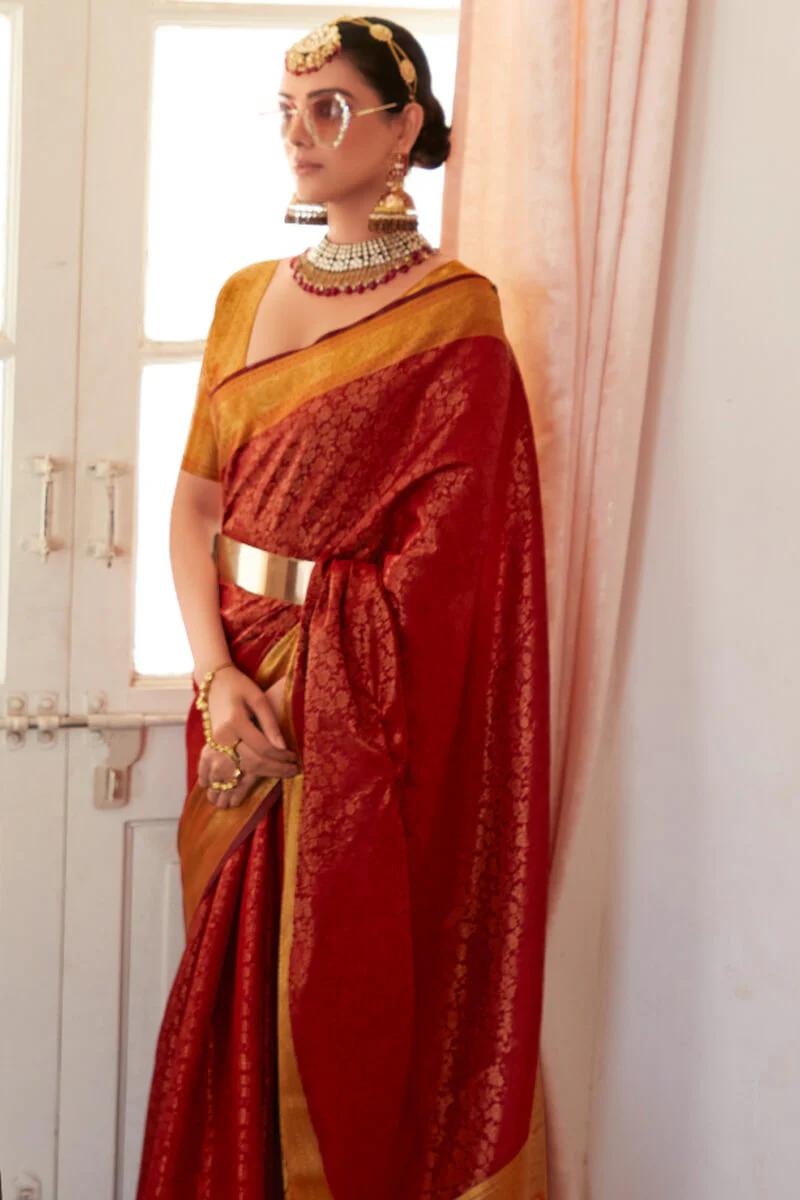 Phenomenal Red Kanjivaram Silk Saree With Appealing Blouse Piece - Image 3