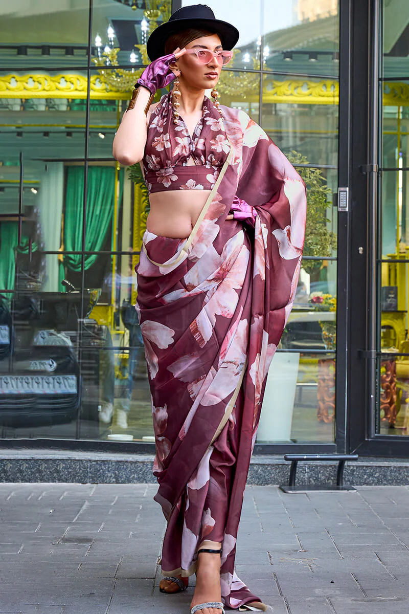 Phenomenal Wine Digital Printed Satin Silk Saree With Invaluable Blouse Piece - Image 3