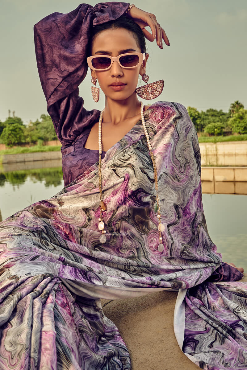 Piquant Lavender Digital Printed Satin Silk Saree With Exquisite Blouse Piece - Image 2