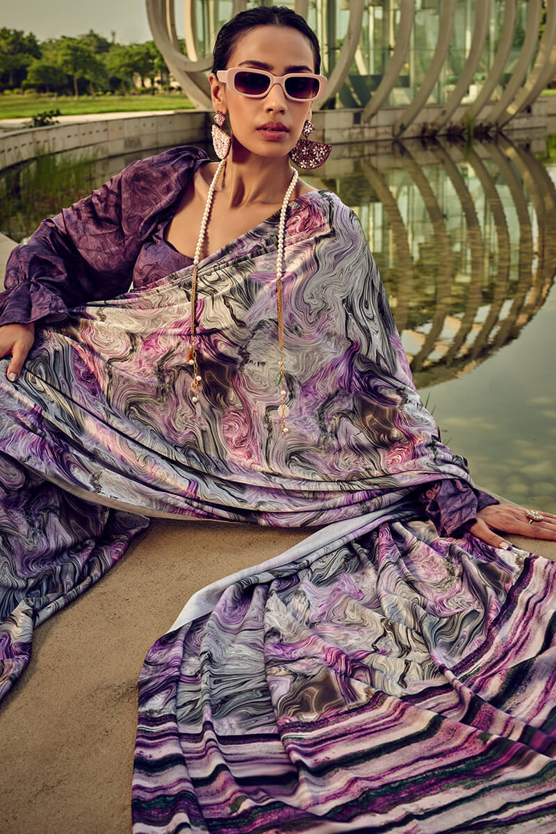 Piquant Lavender Digital Printed Satin Silk Saree With Exquisite Blouse Piece - Image 3