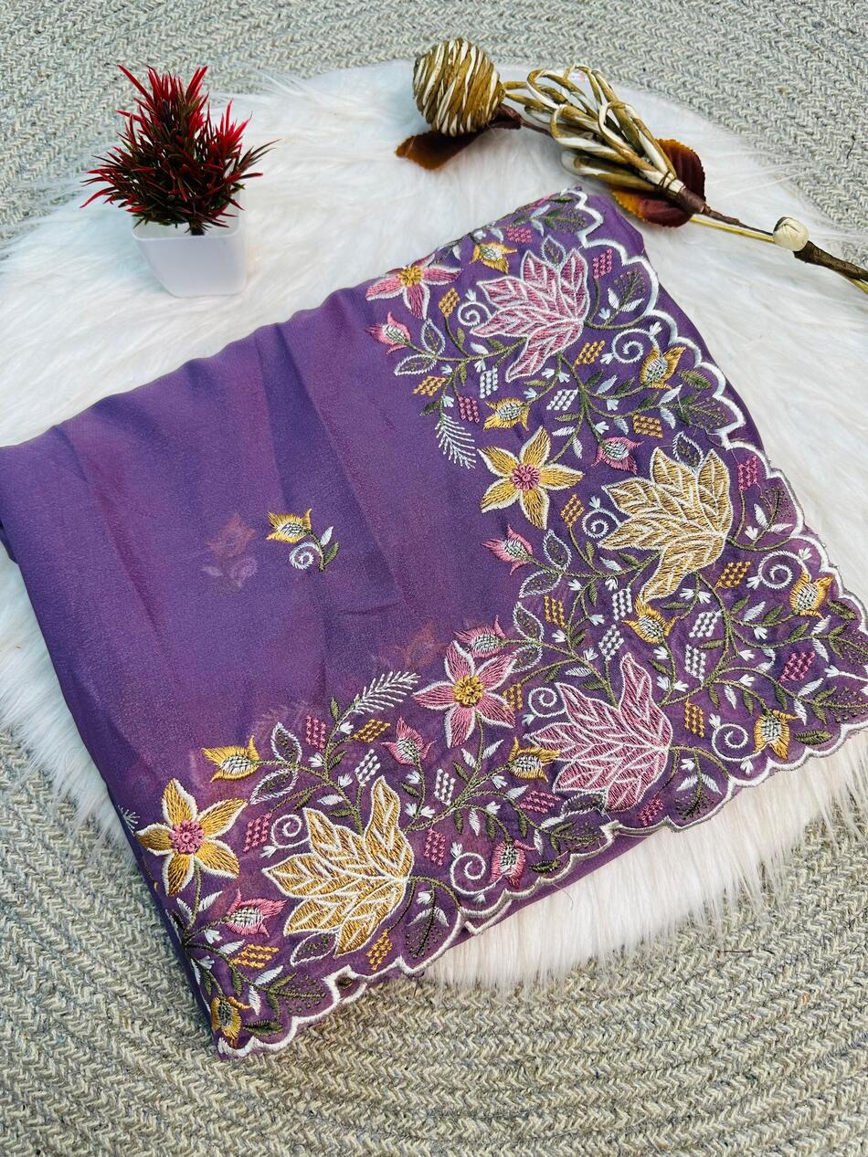 Piquant Lavender Embroidery Work Georgette Saree With Groovy Blouse Piece - Image 2