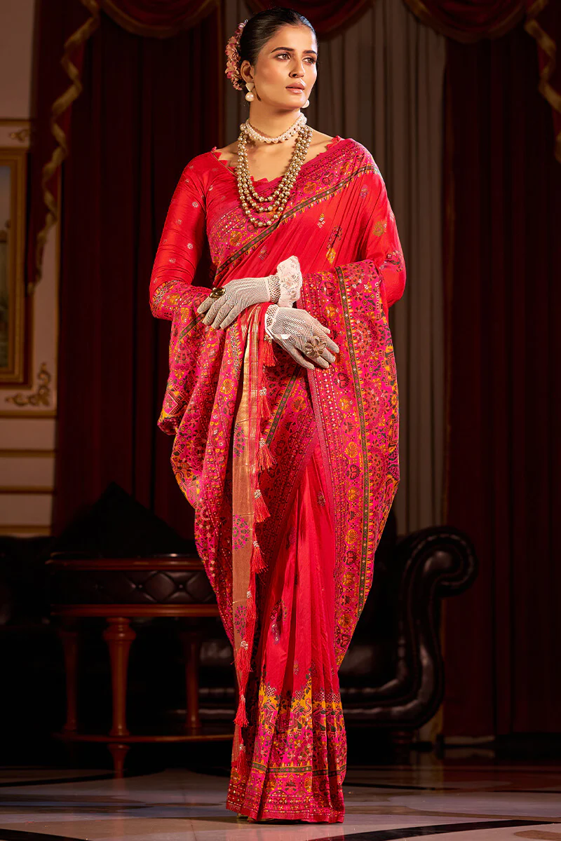 Piquant Red Pashmina Saree With Bucolic Blouse Piece - Image 5