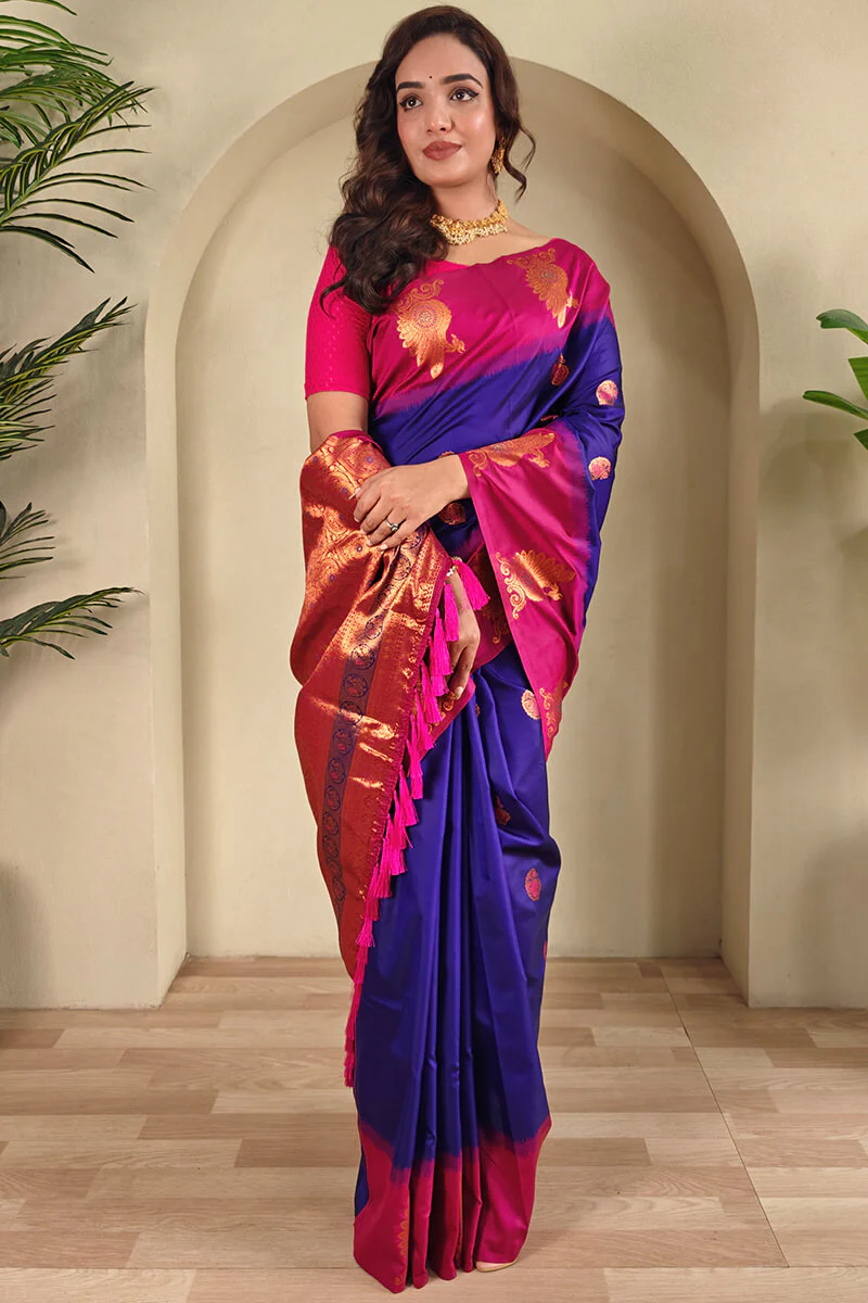 Piquant Royal Blue Soft Banarasi Silk Saree With Nemesis Blouse Piece - Image 3