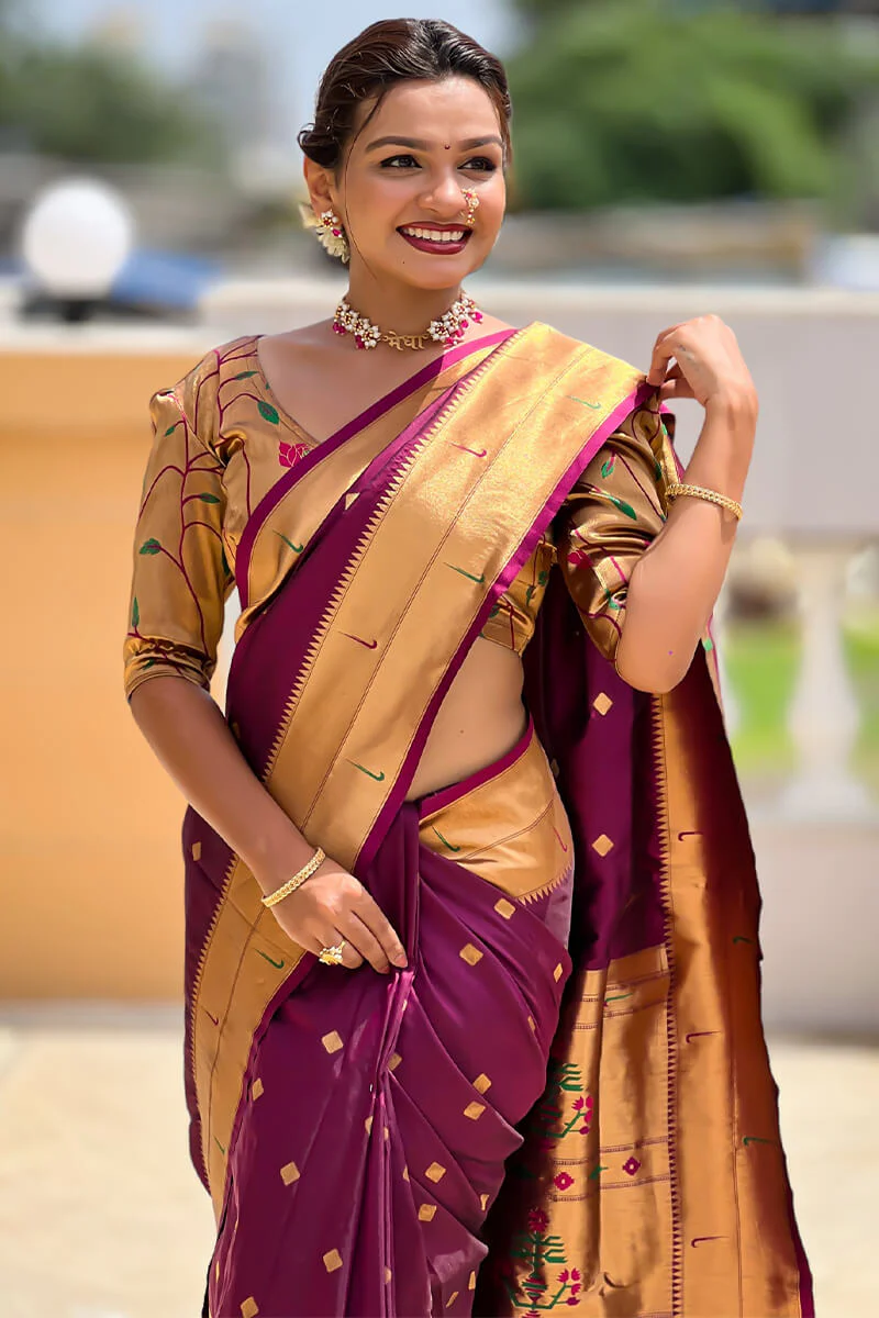 Piquant Wine Paithani Silk Saree With Appealing Blouse Piece - Image 2