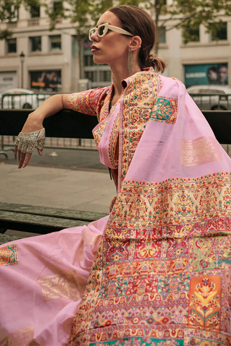 Pleasant Baby Pink Pashmina saree With Vivacious Blouse Piece - Image 2