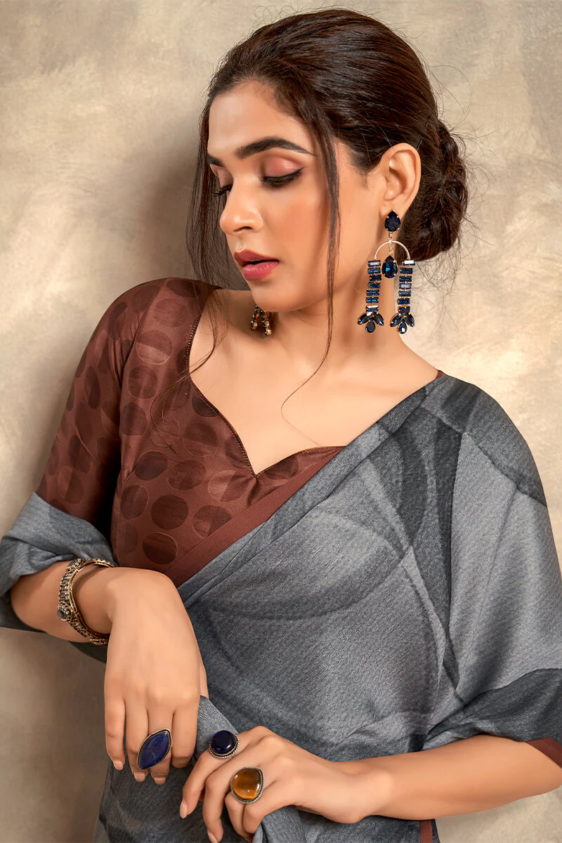 Pleasant Grey Digital Printed Satin Silk Saree With Glorious Blouse Piece - Image 2