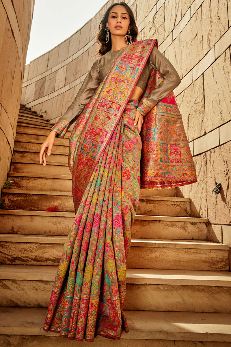 Pleasant Grey Pashmina Saree With Inspiring Blouse Piece - Image 3