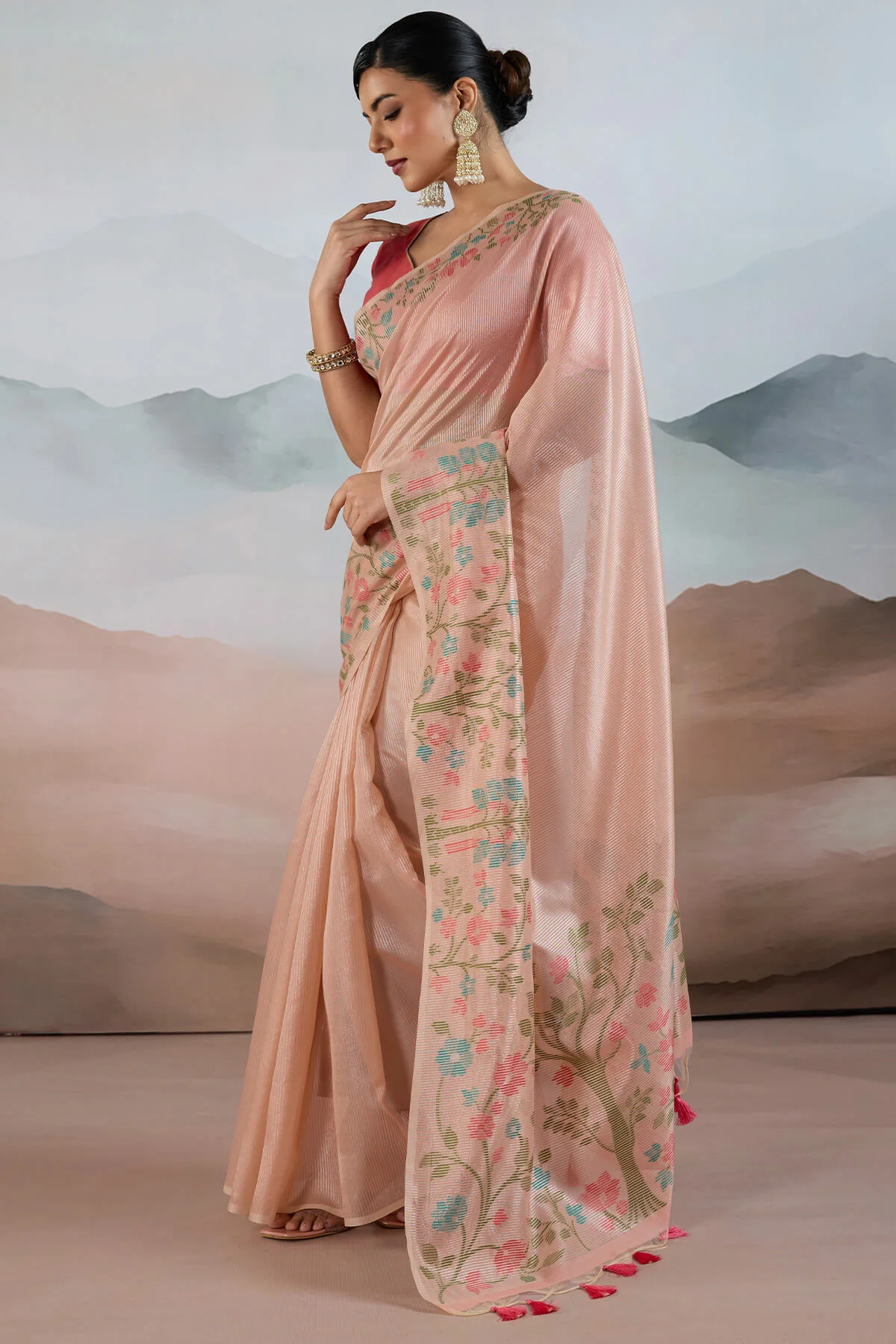 Pleasant Peach Soft Banarasi Tissue Silk Saree With Evocative Blouse Piece - Image 3