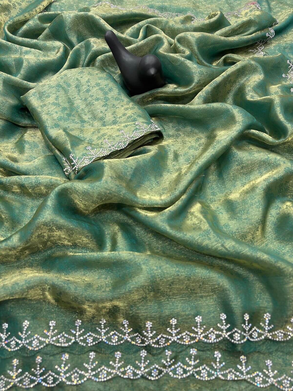 Pleasant Sea Green Swarovski Work Fandy Silk Saree With Phenomenal Blouse Piece - Image 3