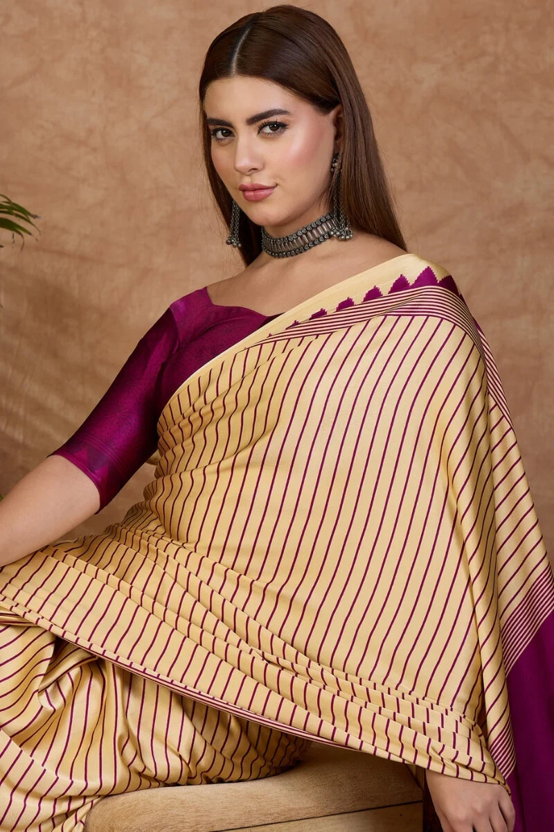 Pleasurable Beige Ajrakh Printed Semi Modal Silk Saree With Profuse Blouse Piece - Image 2