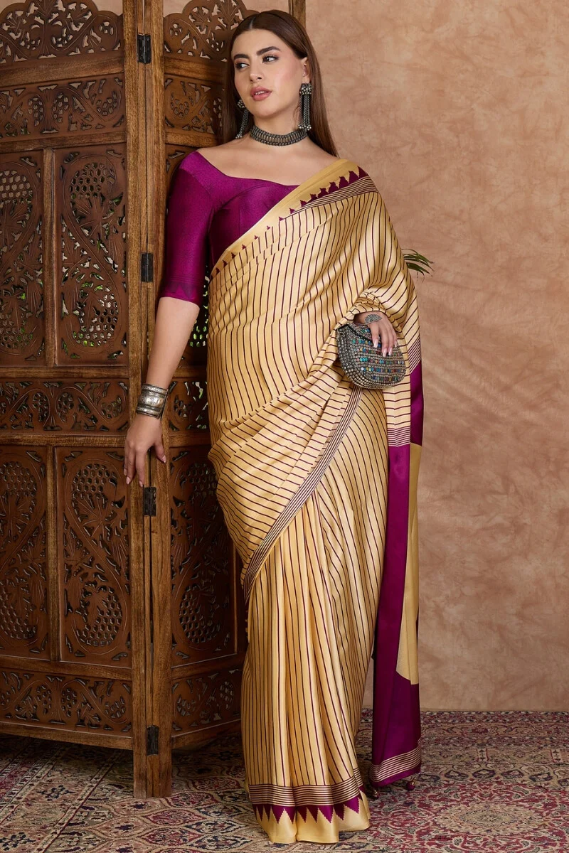 Pleasurable Beige Ajrakh Printed Semi Modal Silk Saree With Profuse Blouse Piece - Image 3