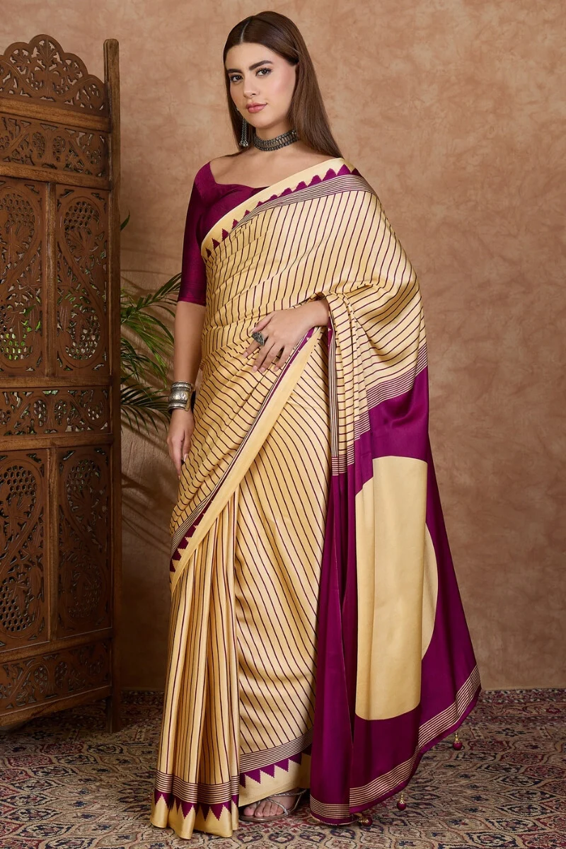 Pleasurable Beige Ajrakh Printed Semi Modal Silk Saree With Profuse Blouse Piece - Image 5