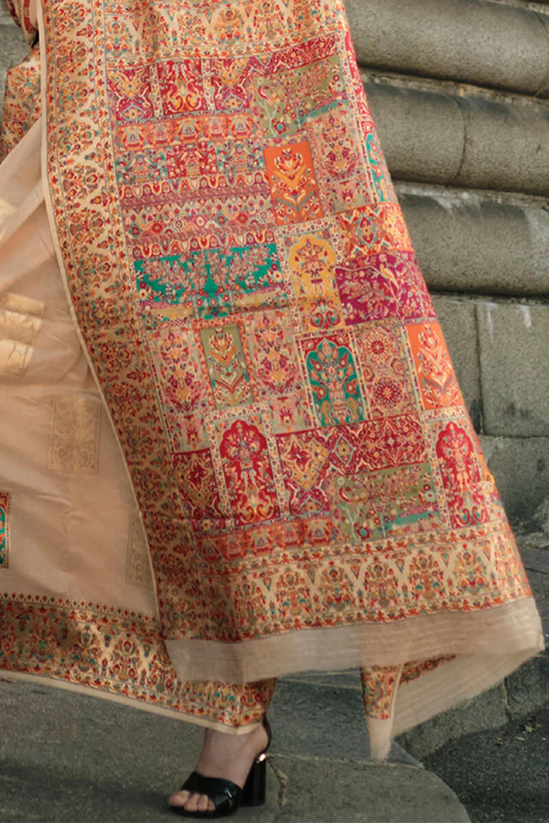 Pleasurable Beige Pashmina saree With Resonant Blouse Piece - Image 3