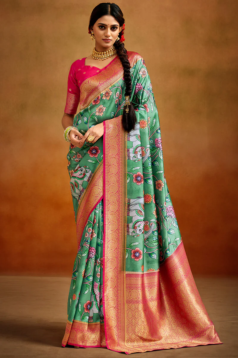 Pleasurable Green Kalamkari Printed Saree With Charismatic Blouse Piece - Image 3