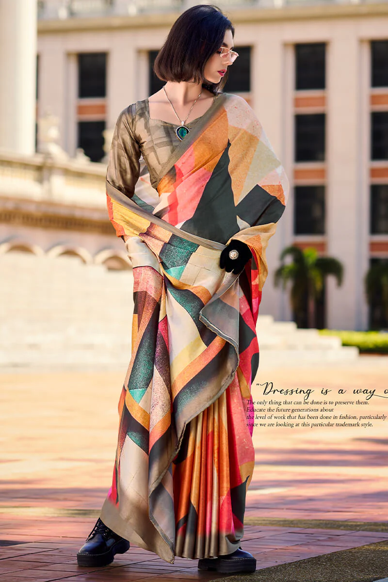 Pleasurable Multicolor Digital Printed Satin Silk Saree With Amiable Blouse Piece - Image 3