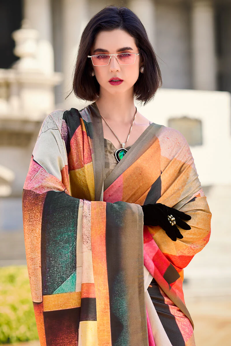 Pleasurable Multicolor Digital Printed Satin Silk Saree With Amiable Blouse Piece - Image 4