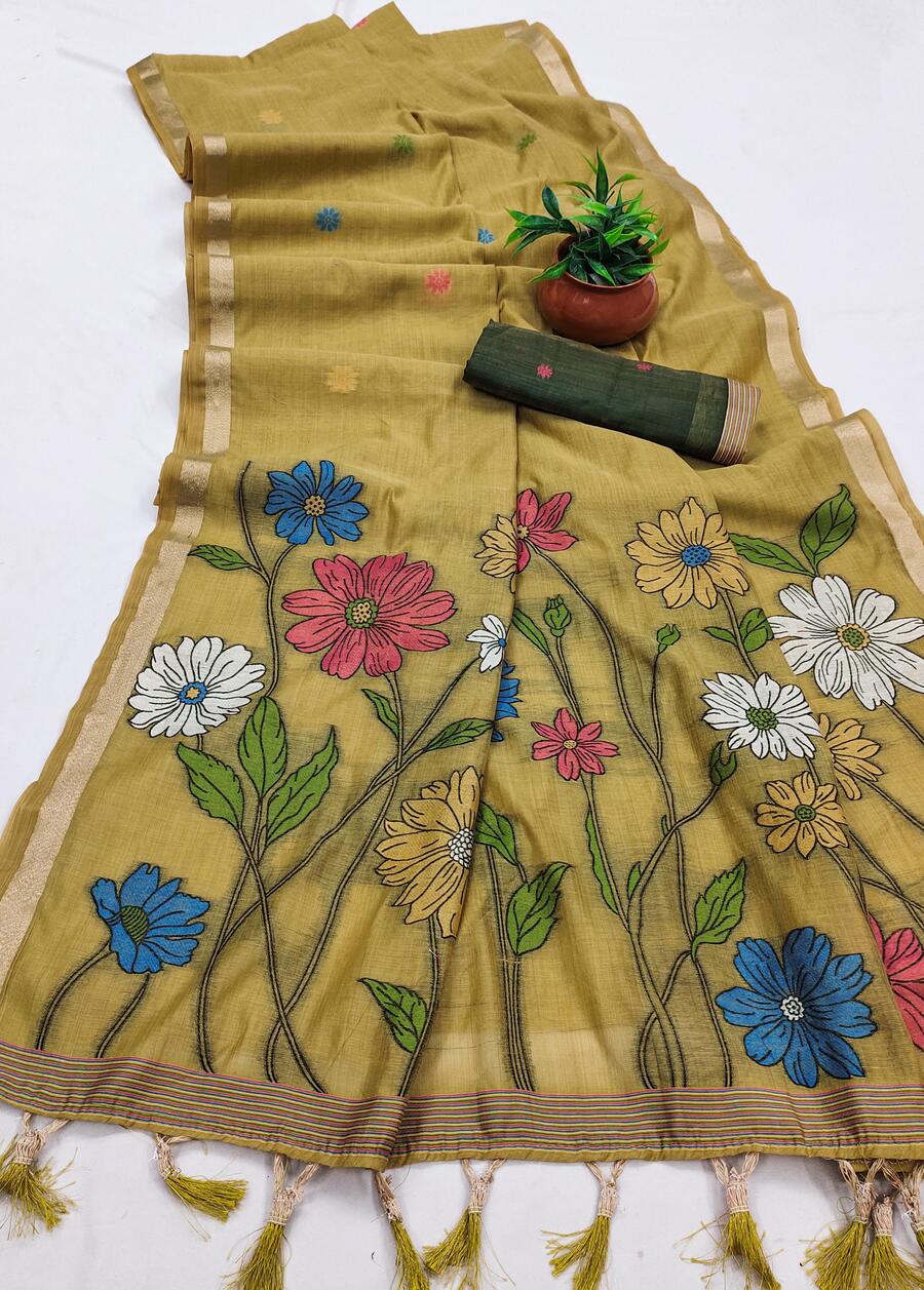 Pleasurable Mustard Pure Munga Cotton Silk Saree With Lassitude Blouse Piece - Image 2
