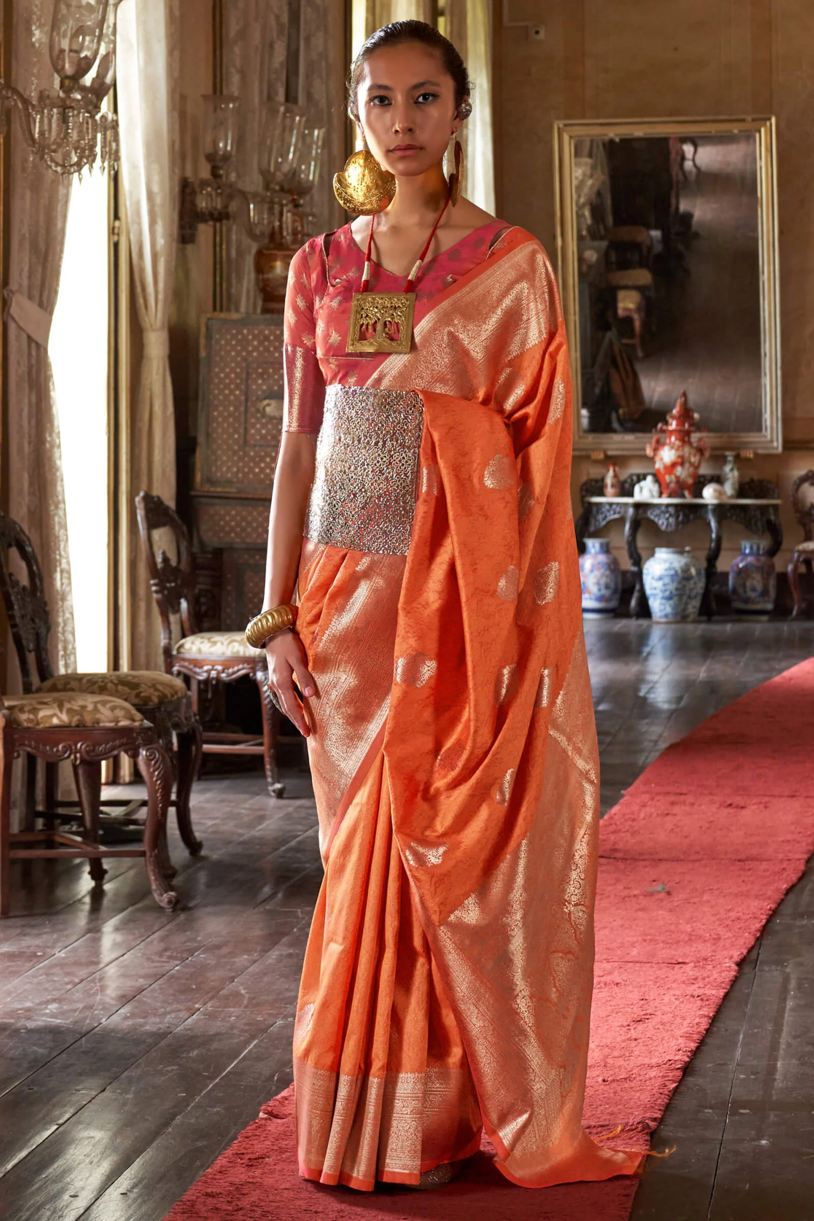 Pleasurable Orange Soft Banarasi Silk Saree With Nebula Blouse Piece - Image 3