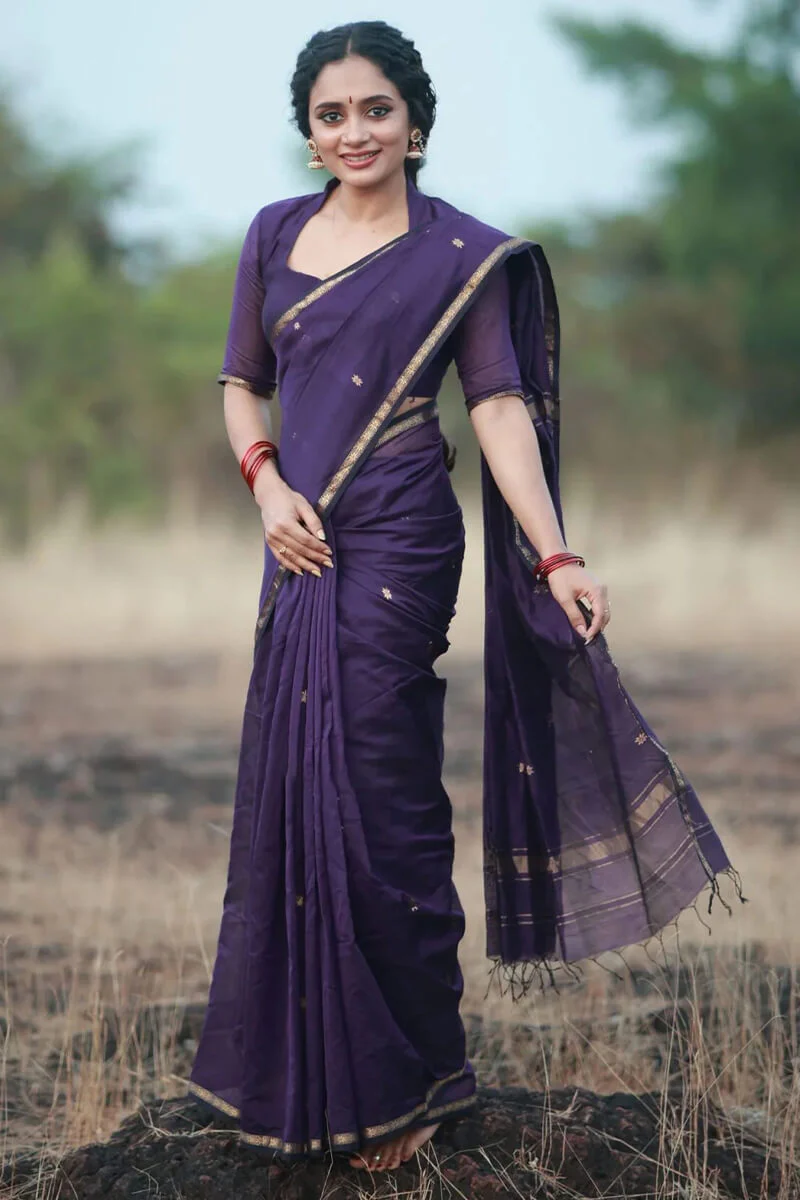 Pleasurable Purple Cotton Silk Saree With Imaginative Blouse Piece - Image 3