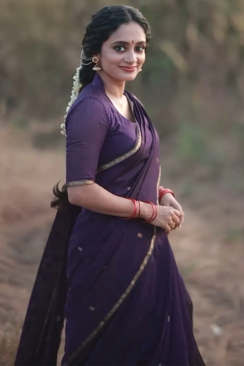Pleasurable Purple Cotton Silk Saree With Imaginative Blouse Piece - Image 6