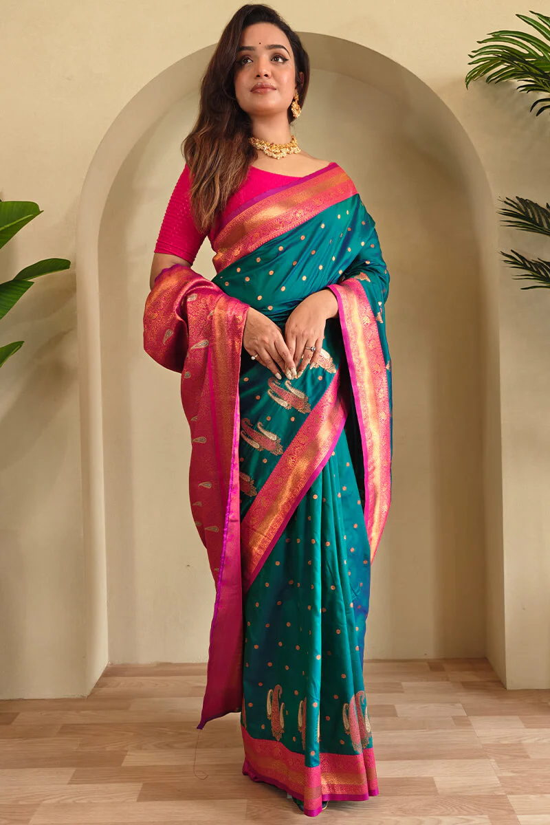 Pleasurable Rama Soft Banarasi Silk Saree With Transcendent Blouse Piece - Image 4