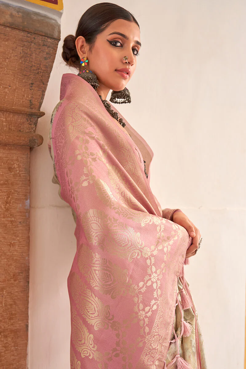 Posh Beige Digital Printed Cotton Silk Saree With Delightful Blouse Piece - Image 2
