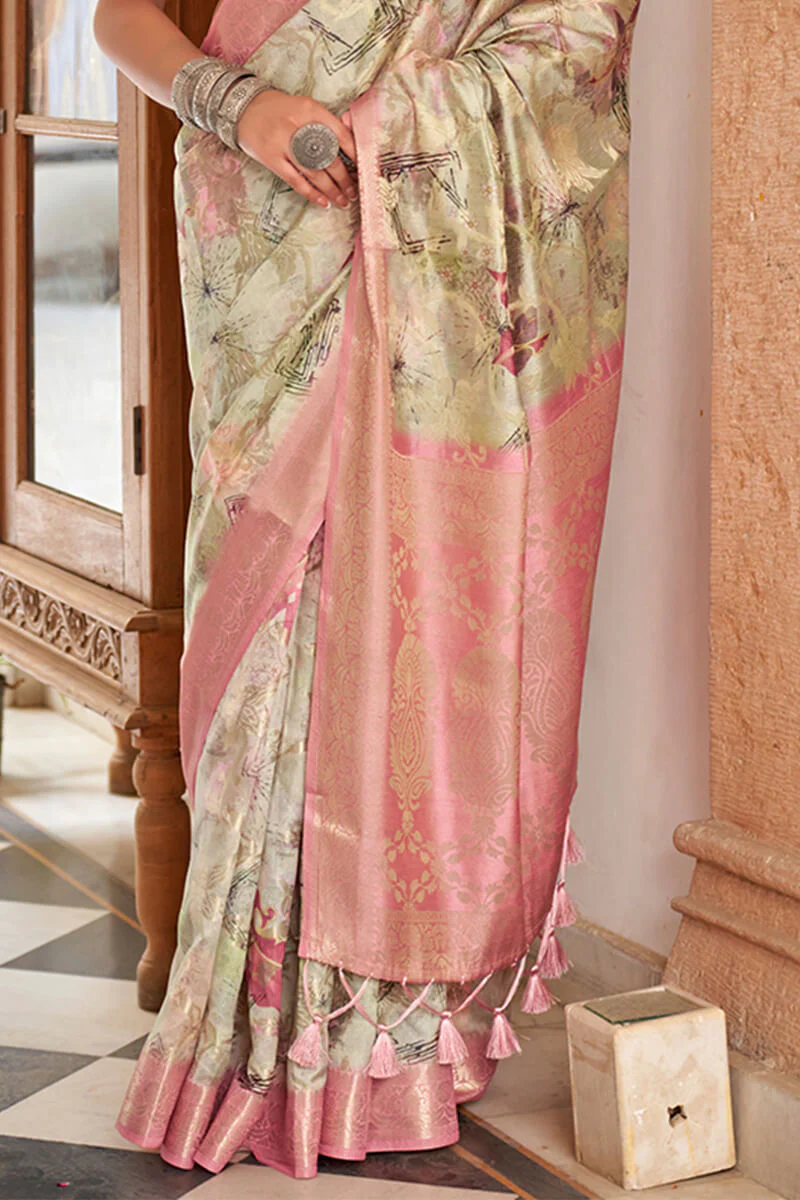 Posh Beige Digital Printed Cotton Silk Saree With Delightful Blouse Piece - Image 3
