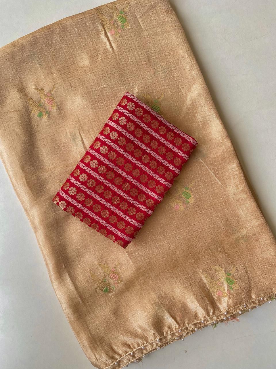 Posh Beige Embroidery Work Crush Silk Saree With Exuberant Blouse Piece - Image 2